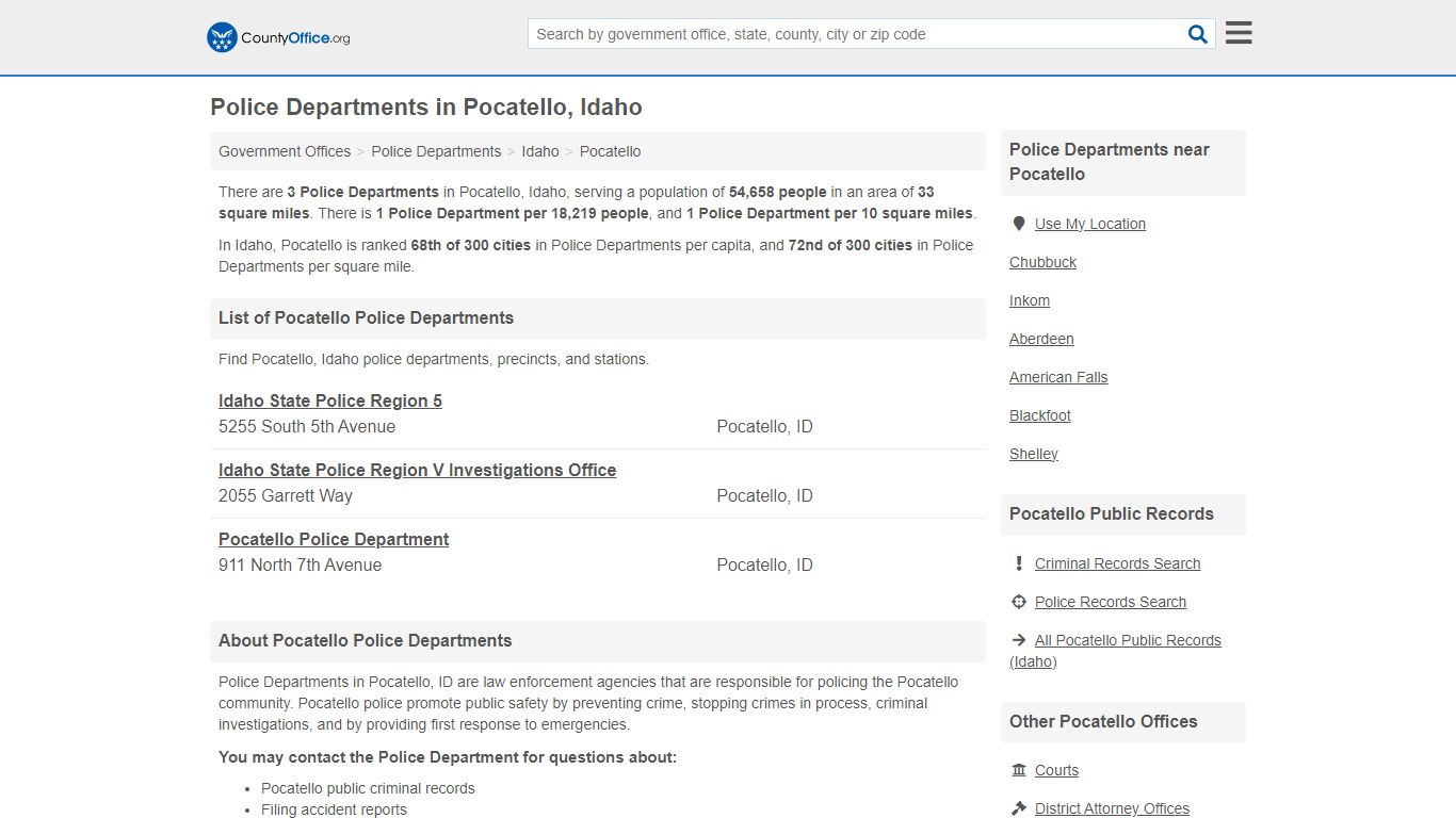 Police Departments - Pocatello, ID (Arrest Records & Police Logs)